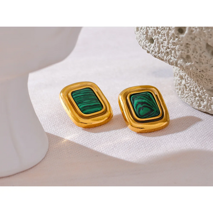 18K Gold Plated Square Malachite Stud Earrings