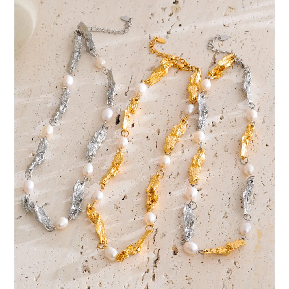 Lava texture necklace with natural pearls and golden shine