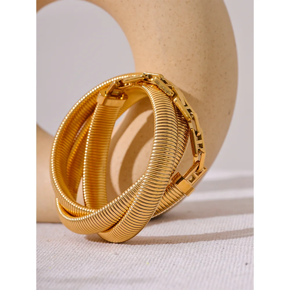 Waterproof 18K Gold-Plated Thick Layered Elastic Bracelet Bangle