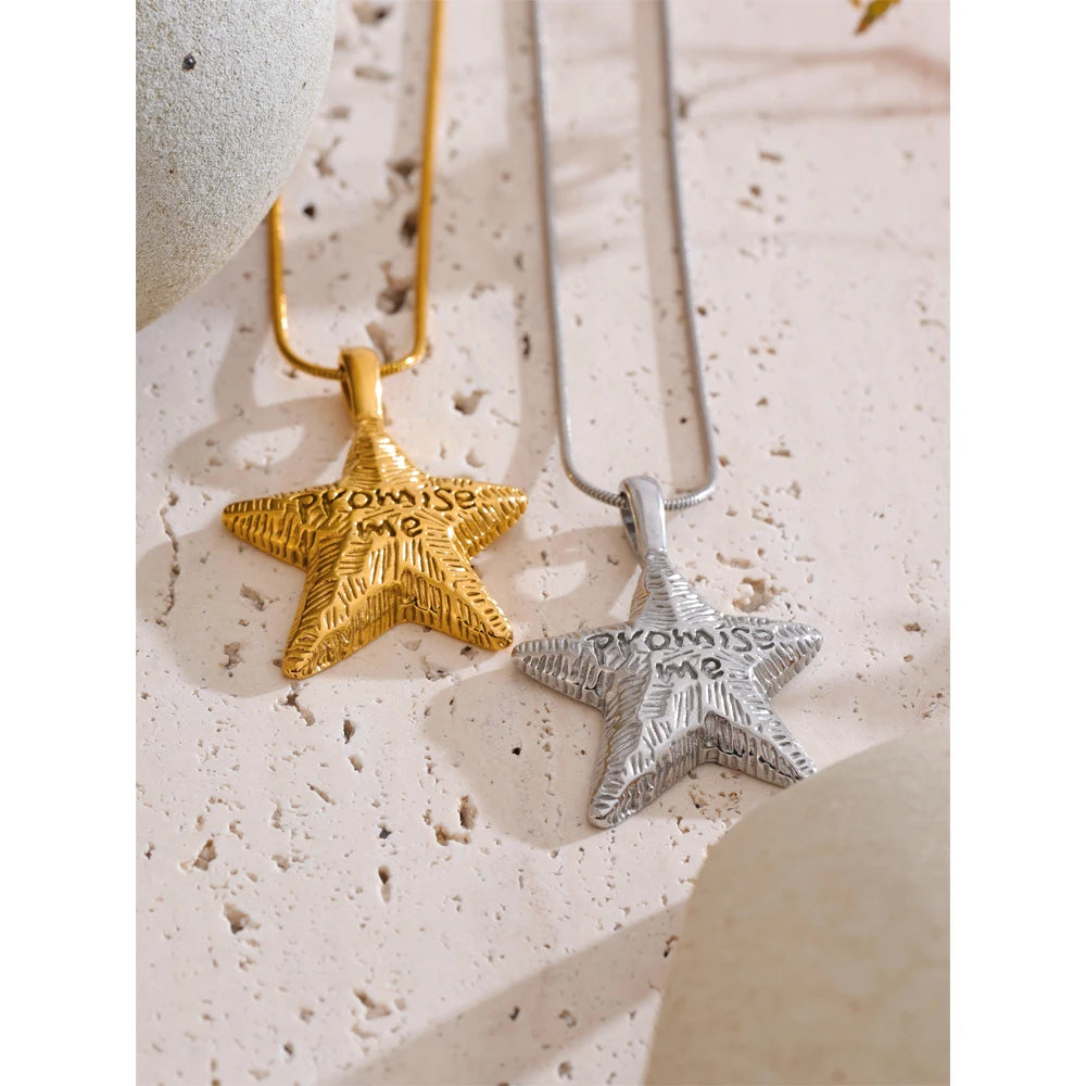 Close view of star necklace showing pendant on a necklace with sleek finish