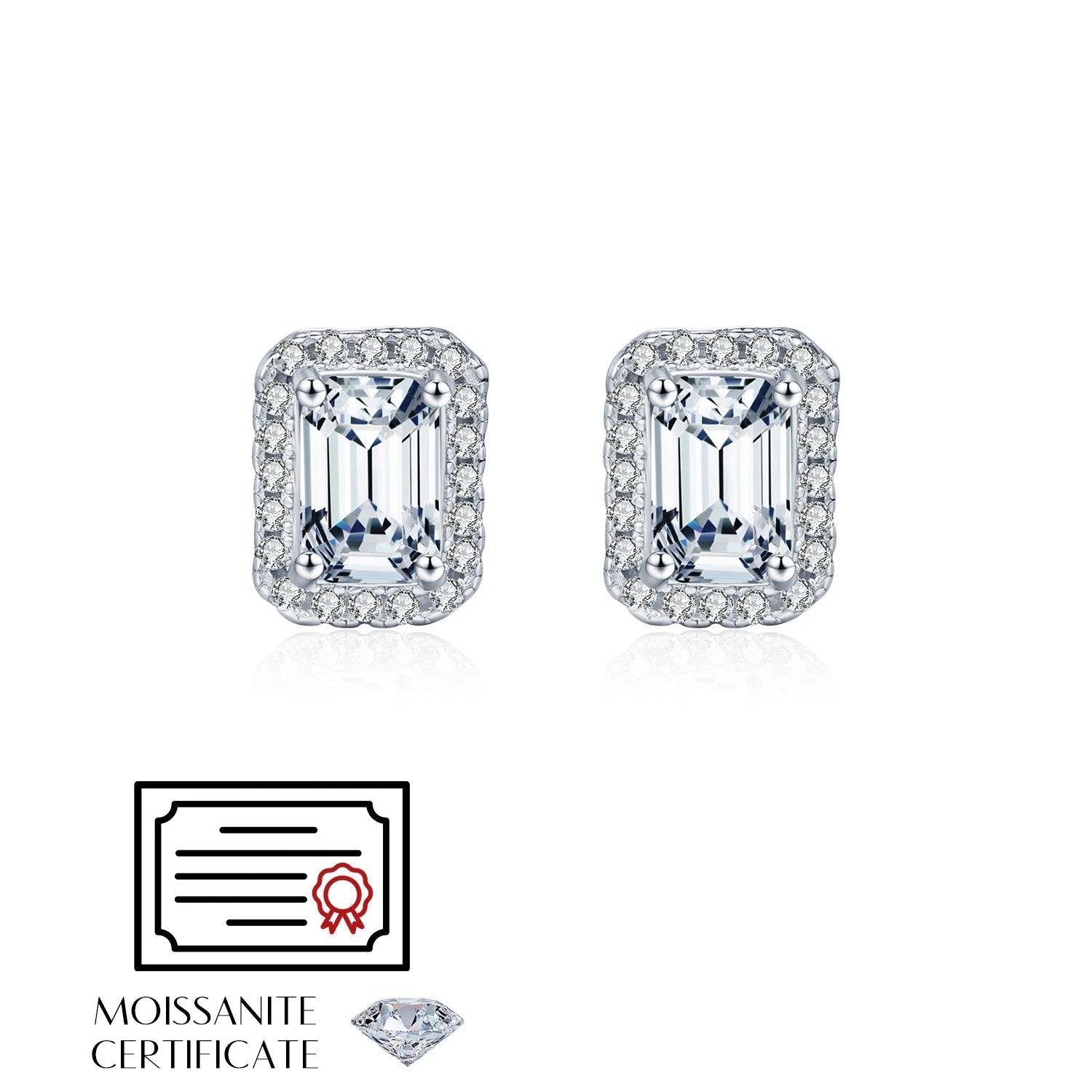 Brilliant halo ear rings with emerald cut center stone