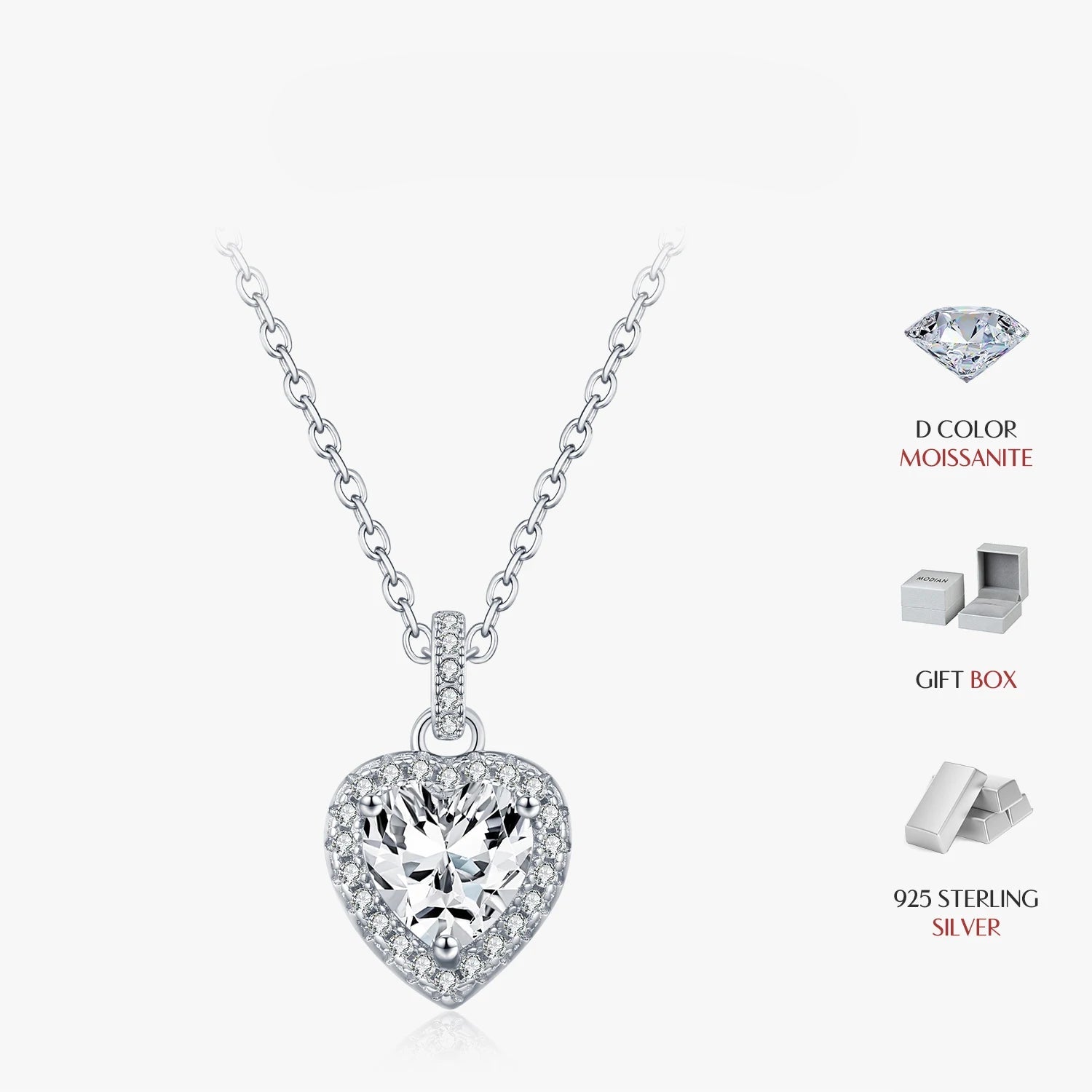 925 silver chain necklace with glowing heart moissanite pendant