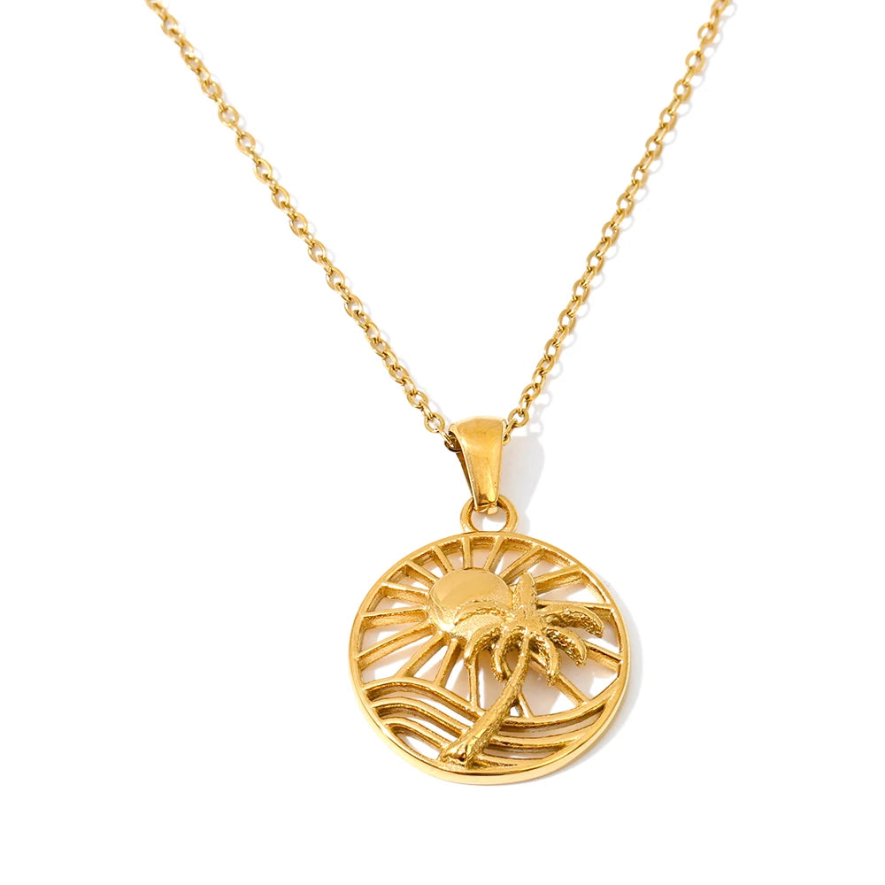 gold plated necklace with sun and coconut tree pendant on slender chain for women