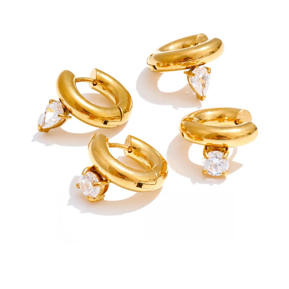 Gold plated water drop hoop earrings with cubic zirconia in stainless steel