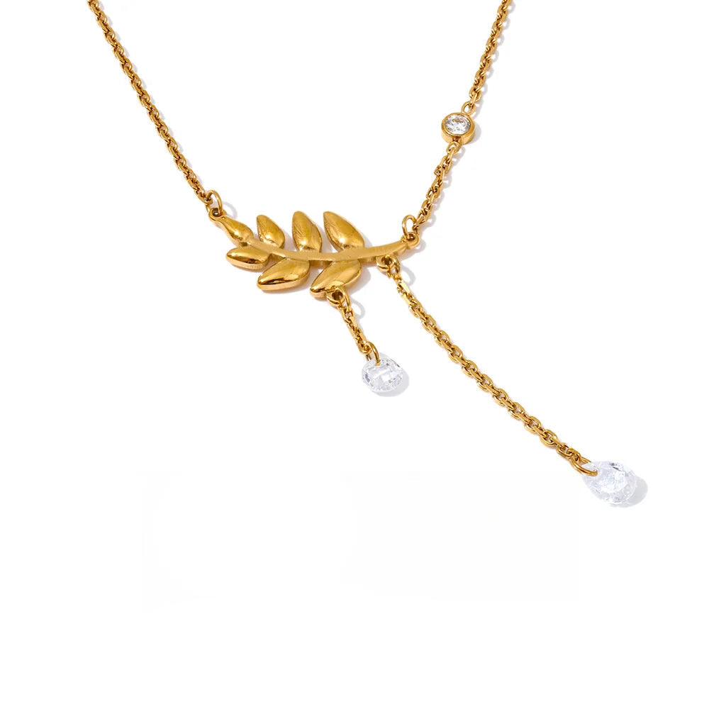Cubic zirconia leaf pendant necklace gold plated stainless steel