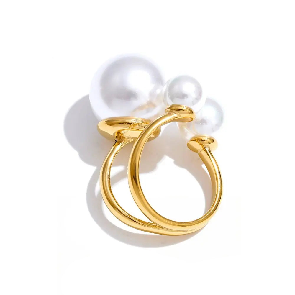 Gold plated big pearl open ring in stainless steel