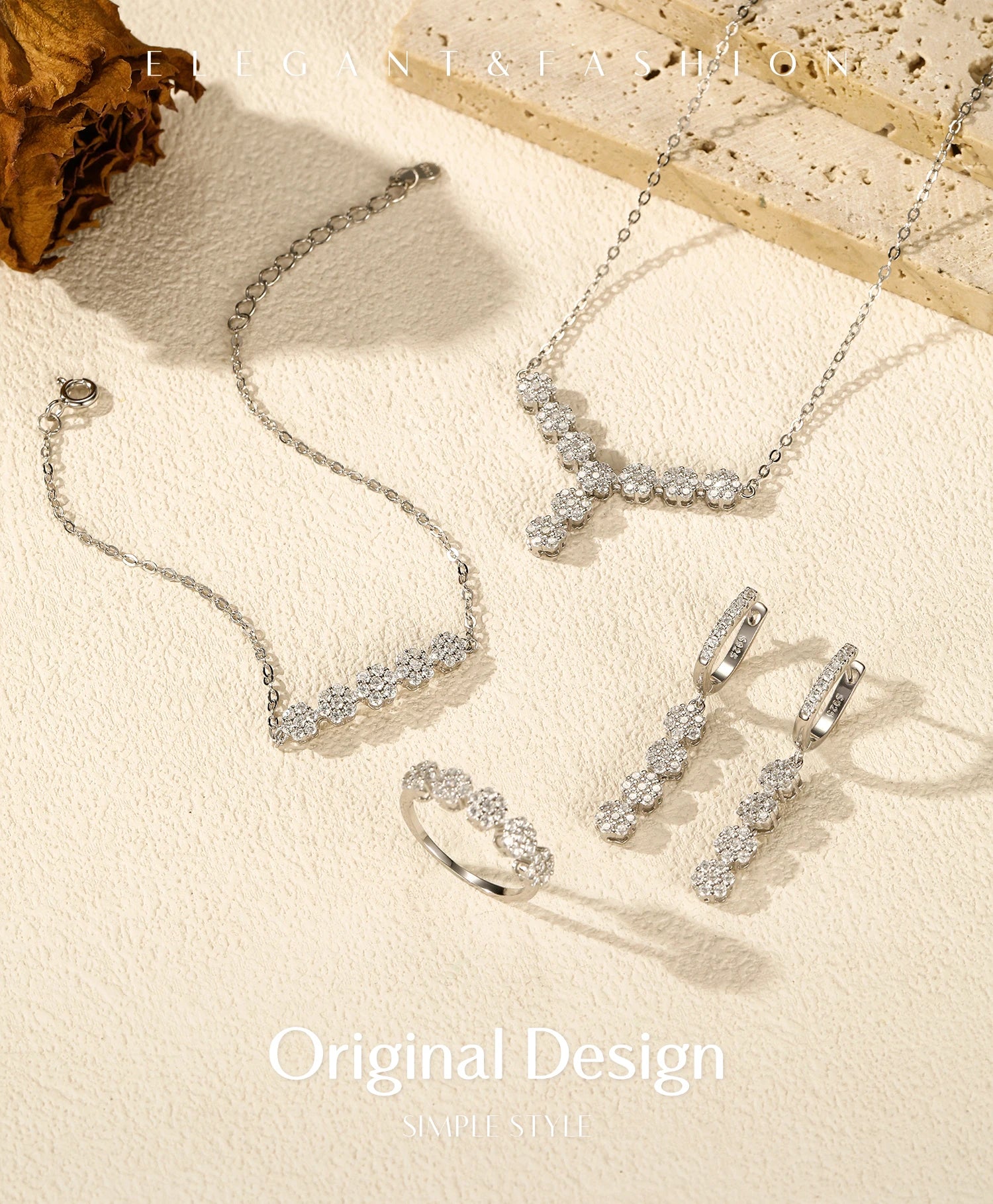 Flower necklace paired with earrings set in 925 silver