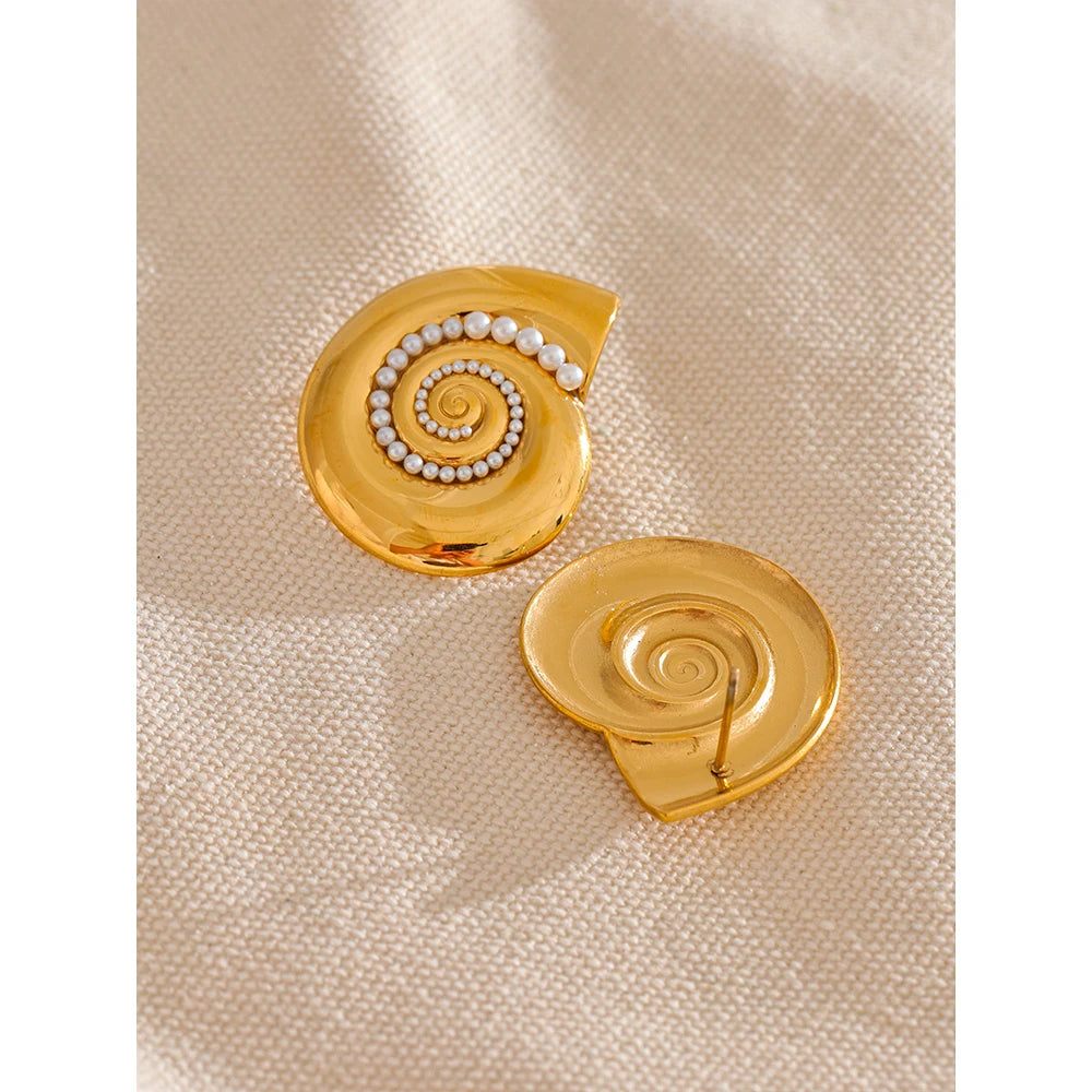 Golden Shell Stud Earrings with Imitation Pearls