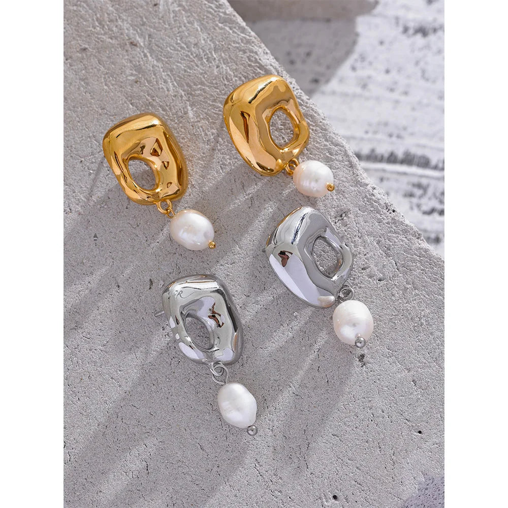 Stainless Steel Square Hollow Pearl Drop Earrings