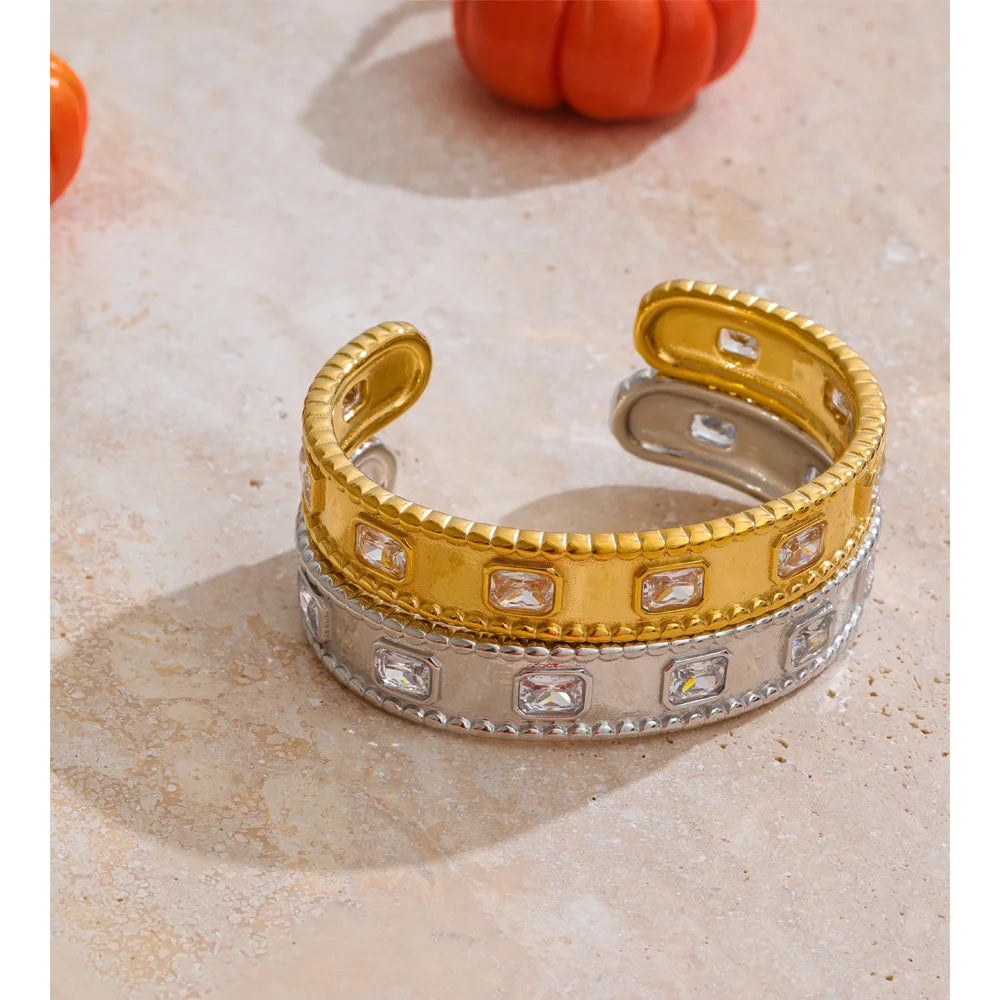 square zirconia embellished gold bangle cuff bracelet luxury style