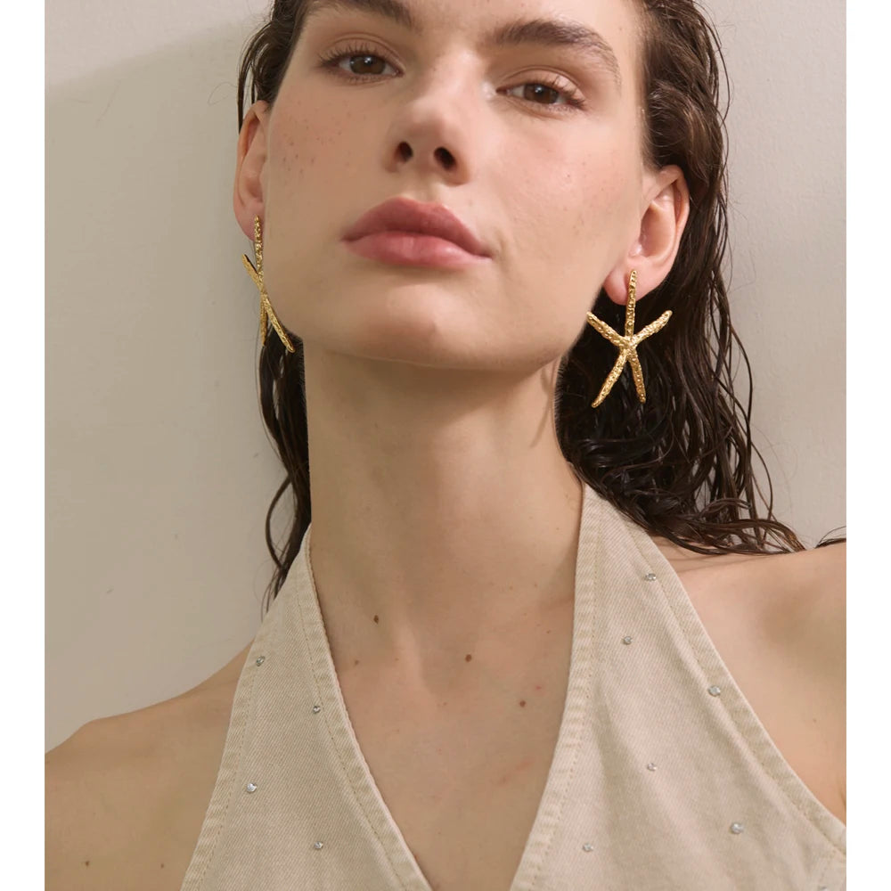 Waterproof stainless steel jewelry starfish studs in golden tone