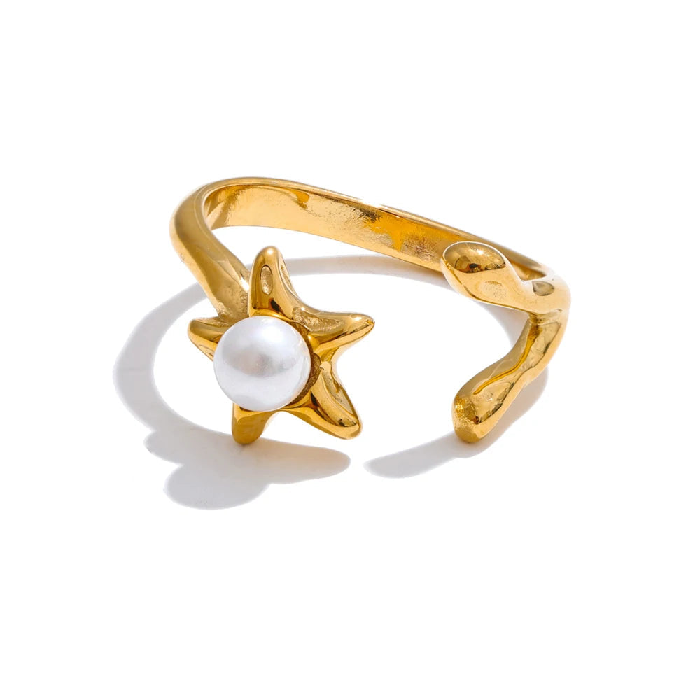 gold plated stainless steel simulated pearl flower open adjustable ring for women