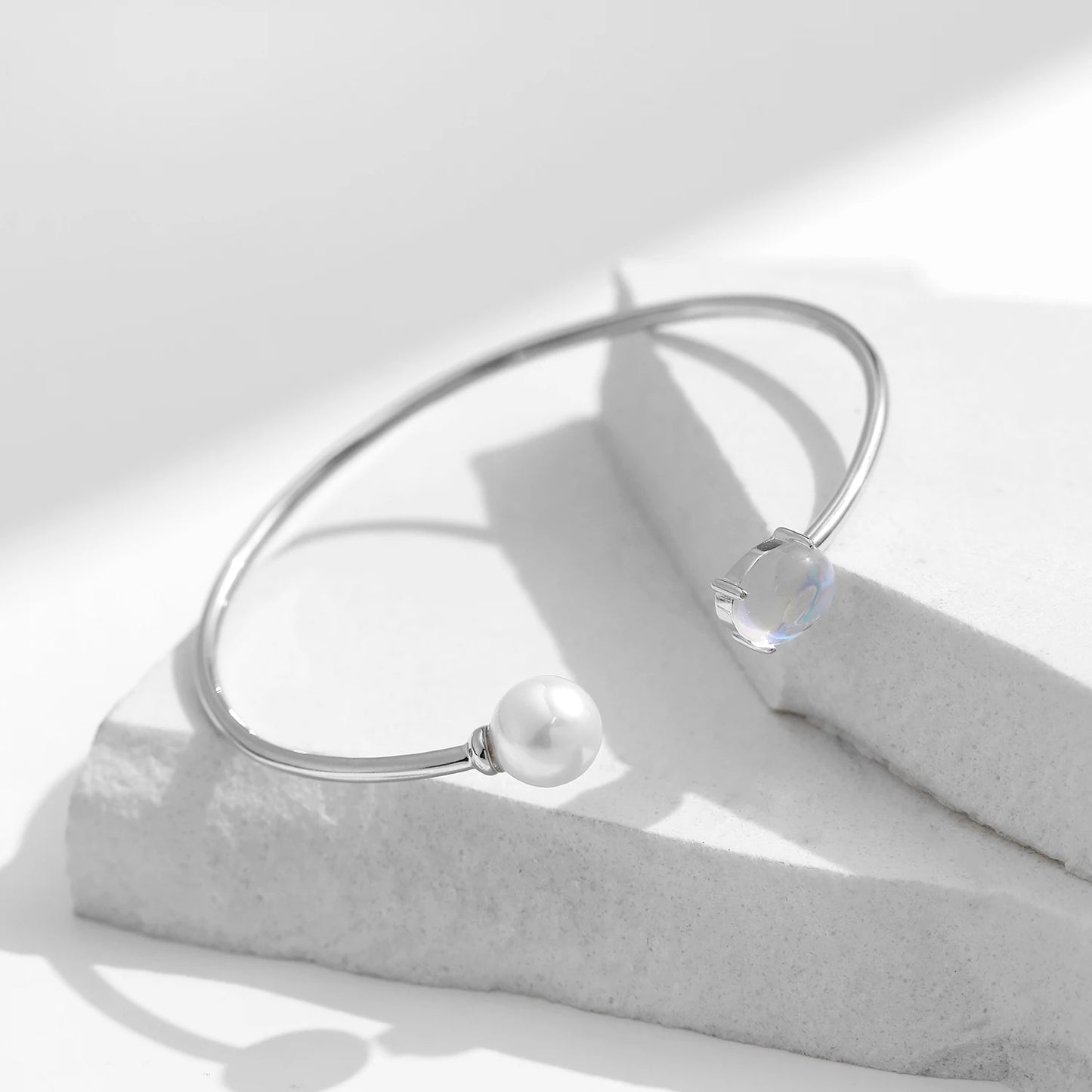 Sterling Silver Moonstone & Pearl Adjustable Cuff Bracelet