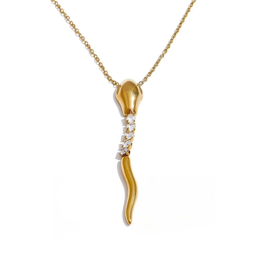 Cubic zirconia snake pendant necklace gold plated stainless steel