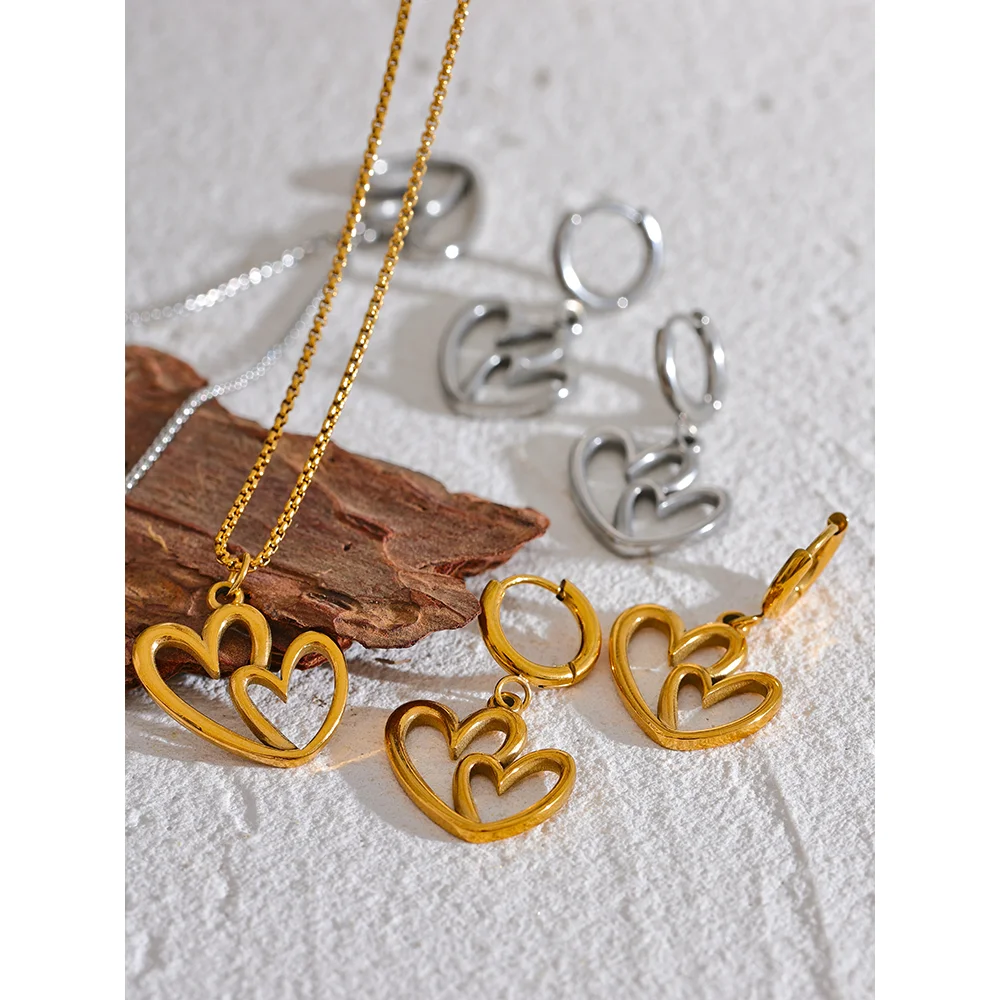 Minimalist Heart Drop Hoop Earring & Necklace Set