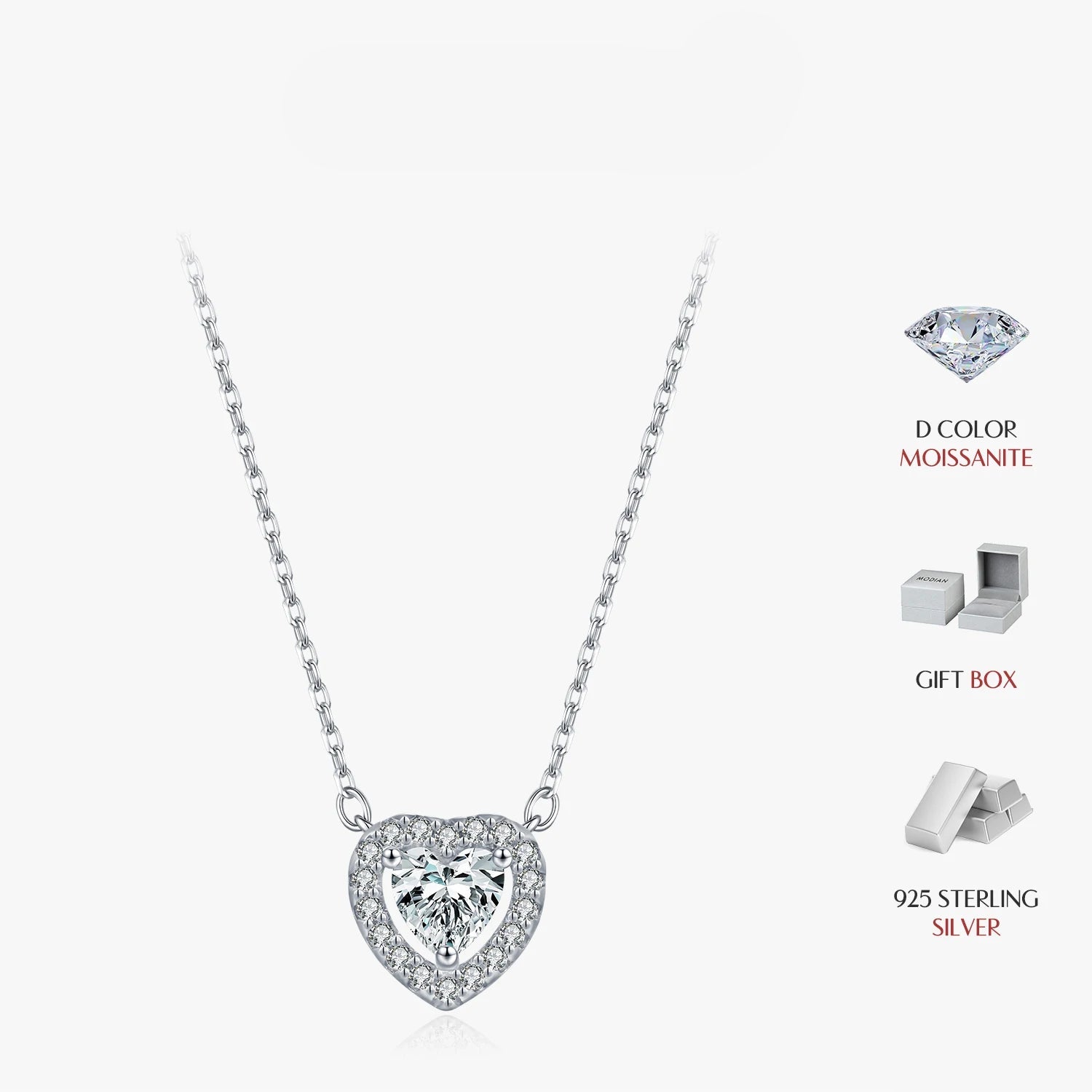Classic sterling silver chain necklace with heart moissanite