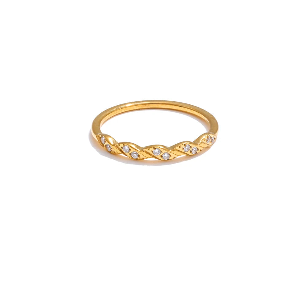 Wave shape thin finger ring with cubic zirconia in gold plated stainless steel for jewelry