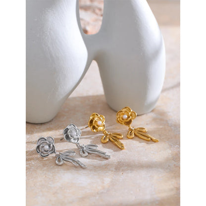 Rose Flower Pearl Bow Knot Drop Earrings