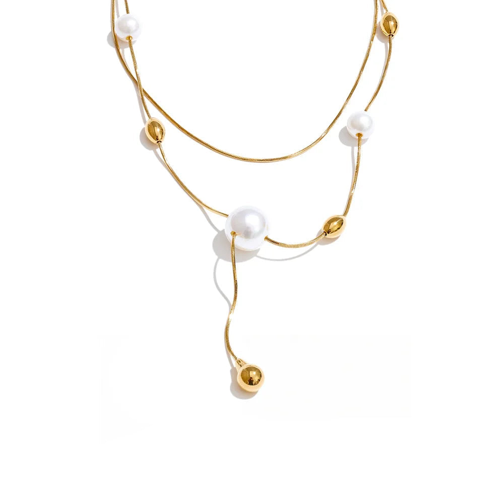 Layered pearl bead chain necklace with gold plated shine