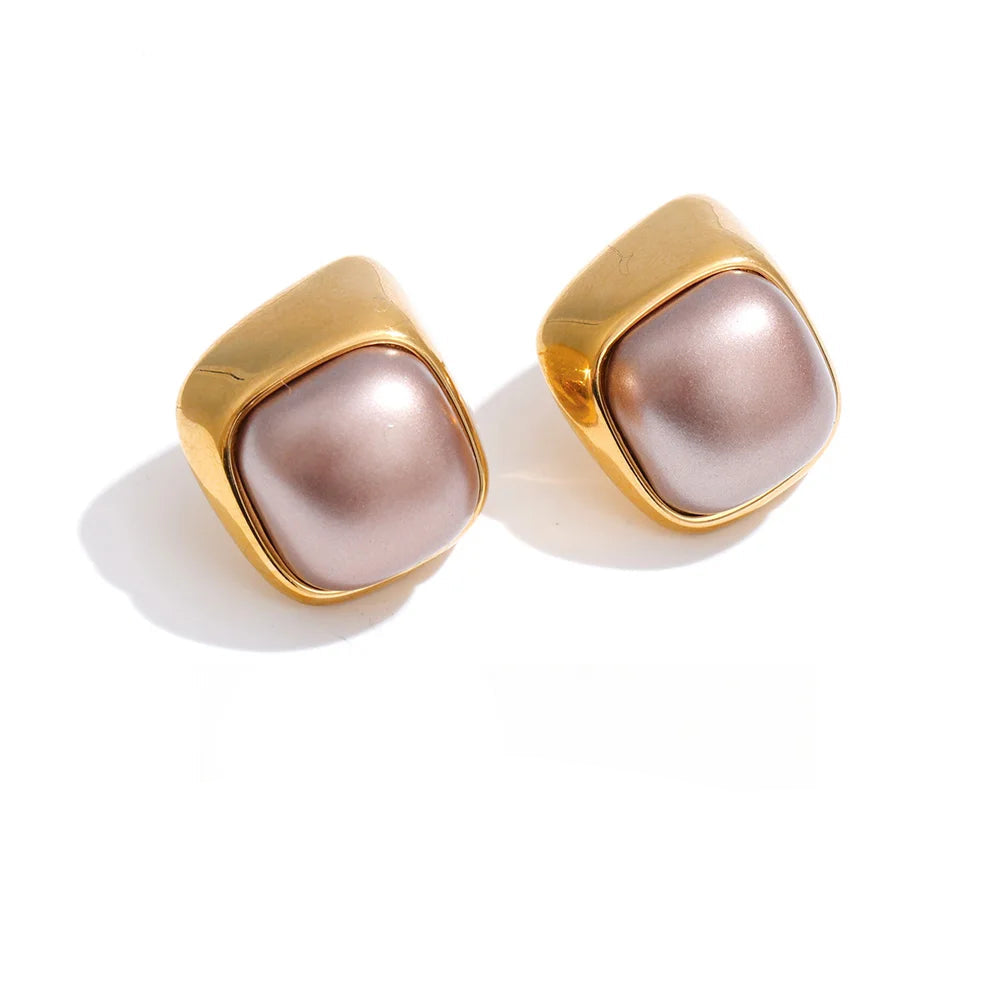 Purple simulated pearl square stud earrings in gold stainless steel