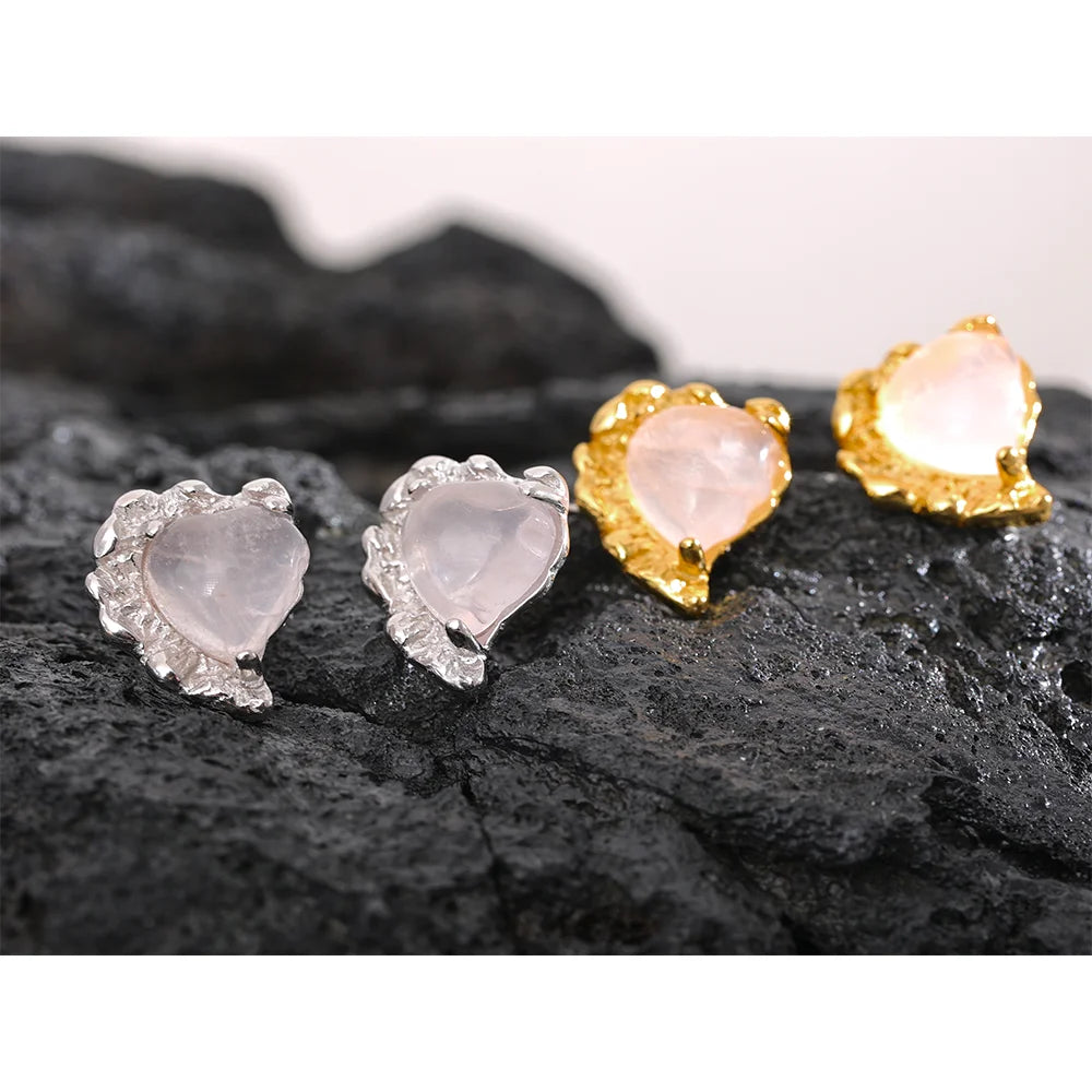 Rose Quartz Heart Sterling Silver Stud Earrings