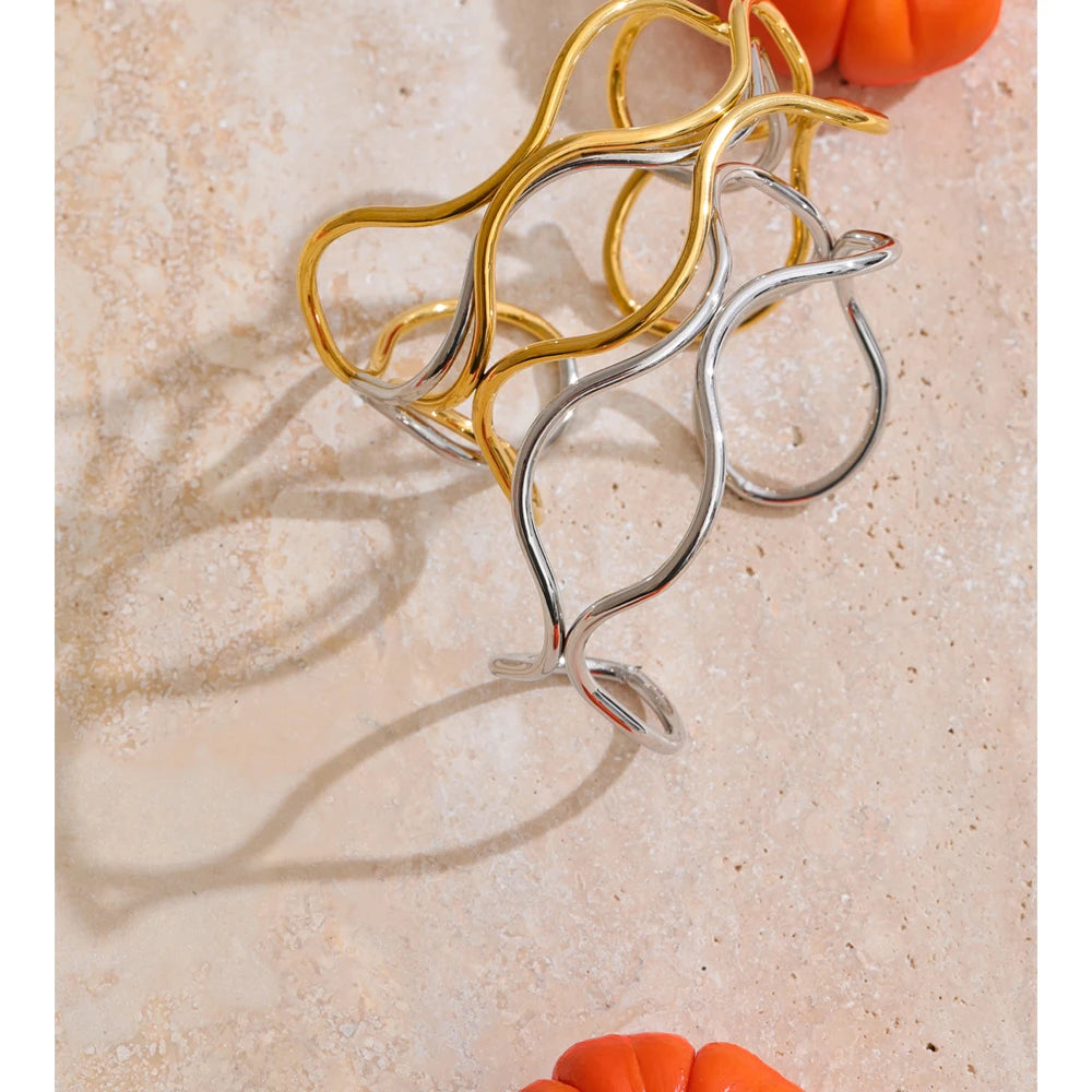 stainless steel gold bracelet double layer hollow design open cuff bangle