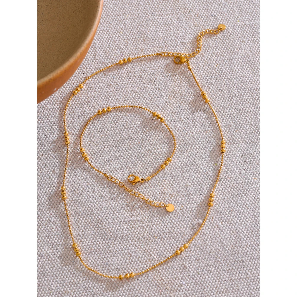 18K Gold Beads Chain Necklace & Bracelet Set