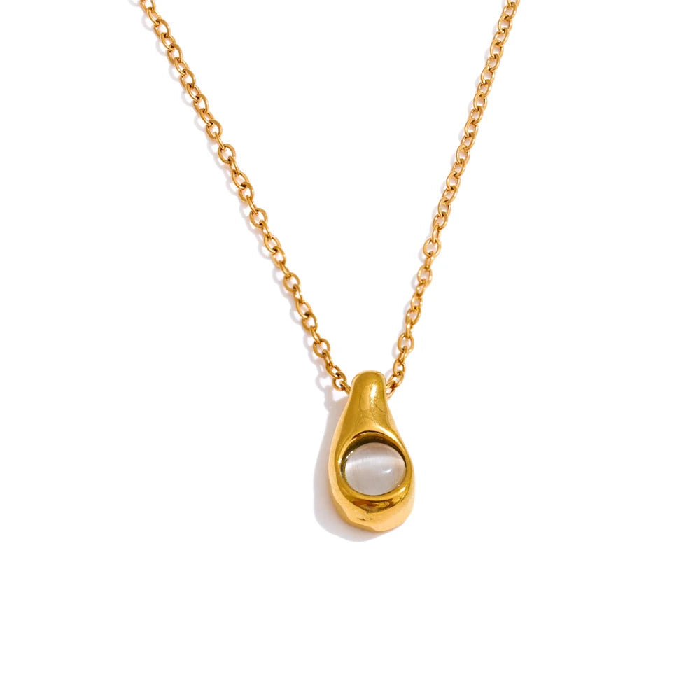 Cat eye stone pendant necklace for women in gold plated stainless steel jewelry