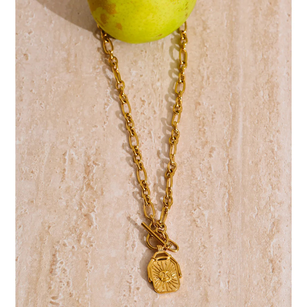 Yhpup Rectangle Double-Sided Sun Moon Pendant Necklace Golden Stainless Steel Toggle-Clasps Distinctive Jewelry New