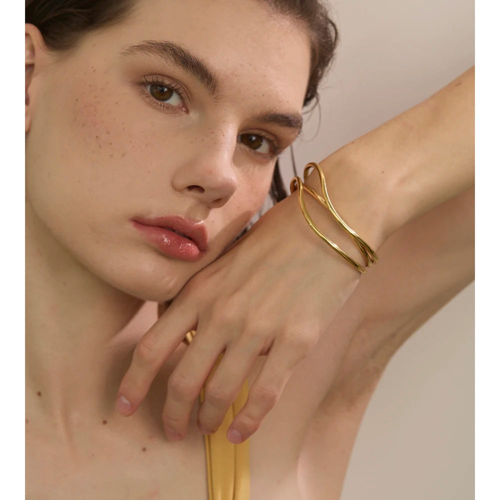 60mm open cuff gold bangle bracelet layered design for everyday wear