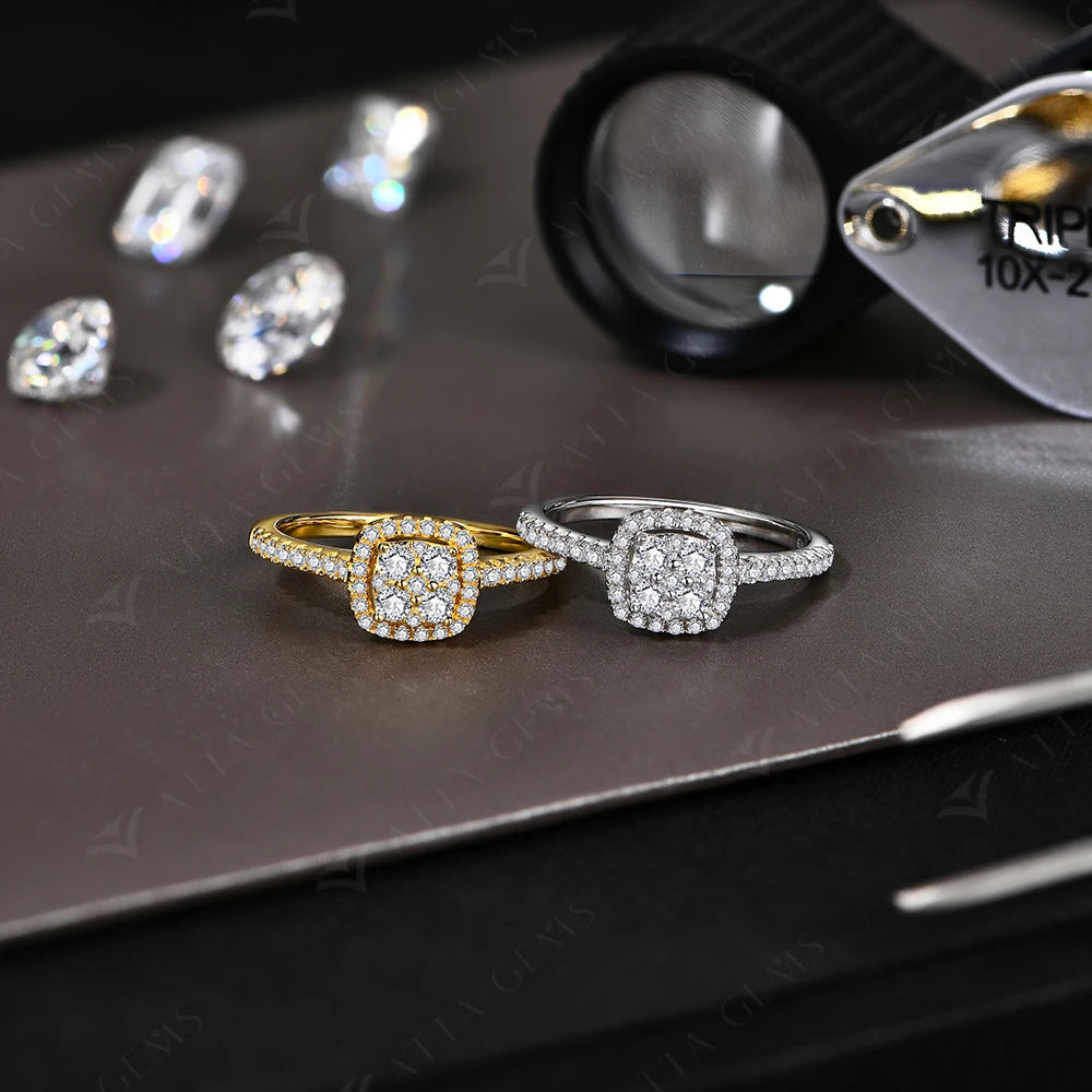 Rings with moissanite arranged beside gold rings for contrast