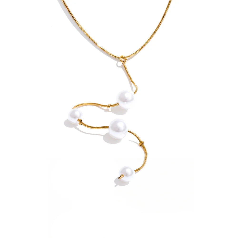 Simulated pearl chain drop necklace with gold plated shine