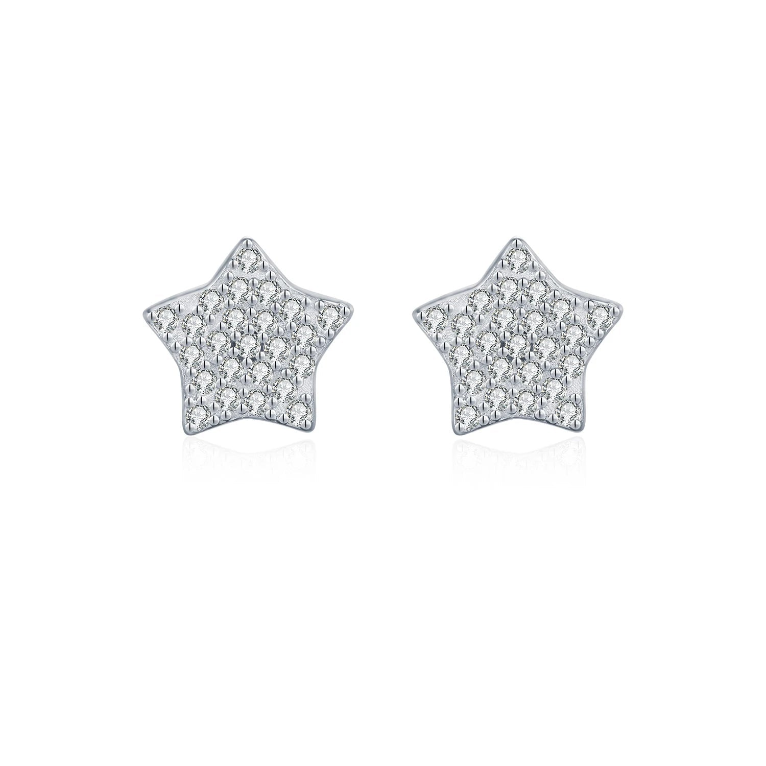 D color moissanite star stud earrings in polished 925 sterling silver