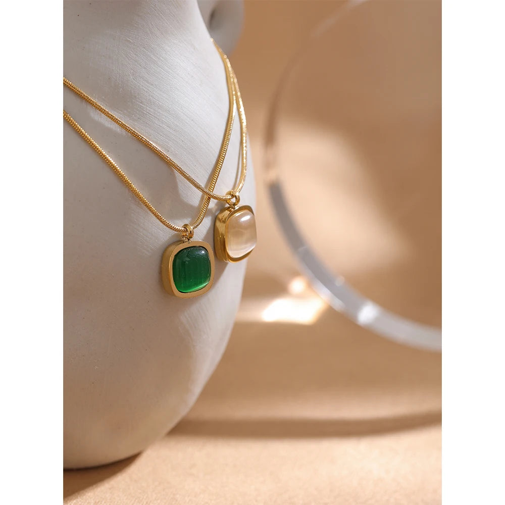 Minimalist Square Green Opal Stone Pendant Necklace