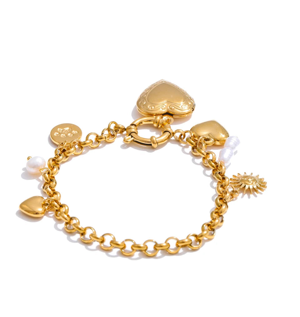 Lifestyle photo pairing a heart bracelet with charms and bracelets for daily wear