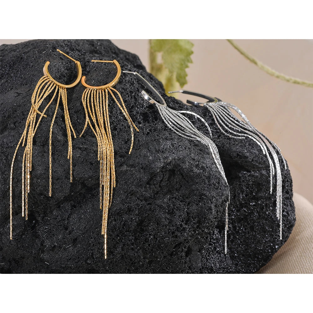 Long Gold Tassel Drop Earrings – Stainless Steel, Waterproof