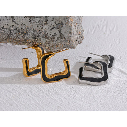 Black Enamel Square Huggie Earrings in Gold