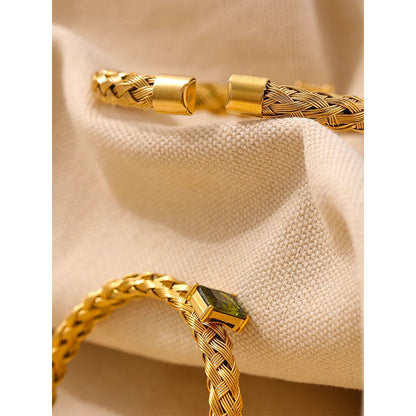 18K Gold Mesh Weave Open Bangle with Cubic Zirconia