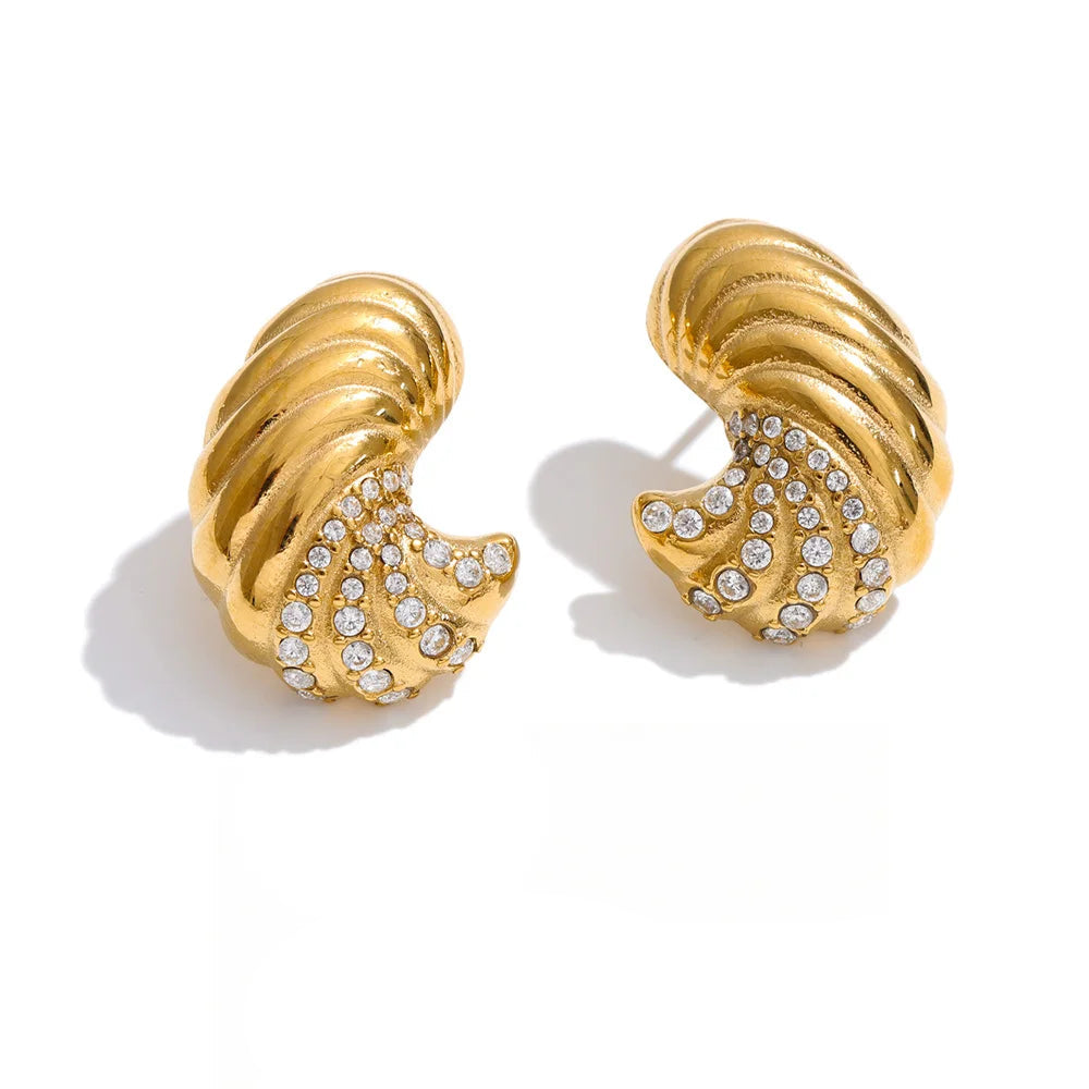 Cubic zirconia croissant stud earrings gold plated stainless steel