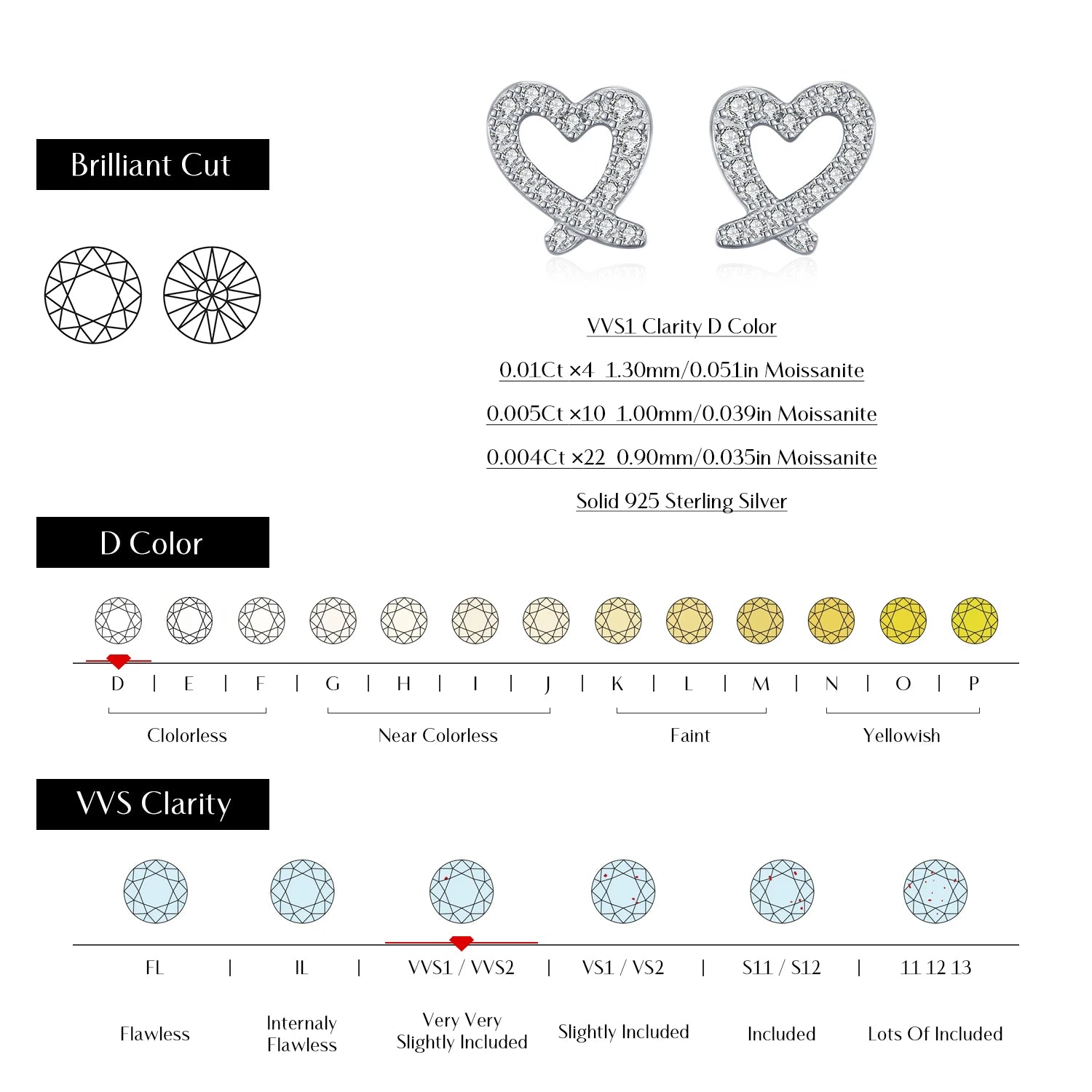 Polished silver stud earrings with asymmetrical heart moissanite