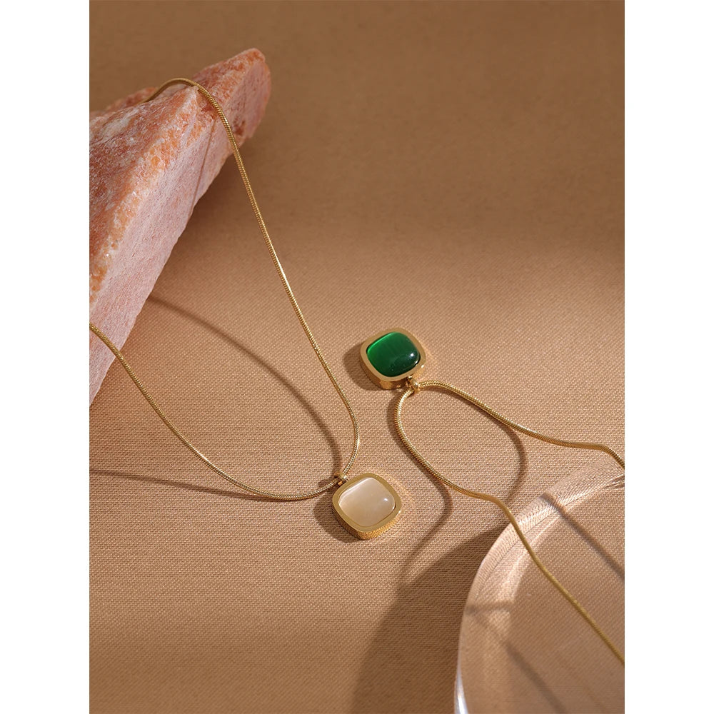 Minimalist Square Green Opal Stone Pendant Necklace