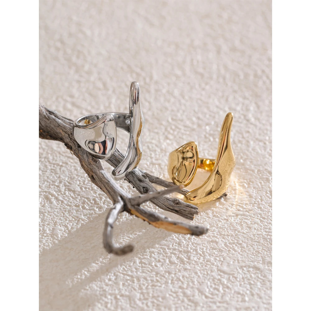 gold plated stainless steel ring geometric pattern adjustable band