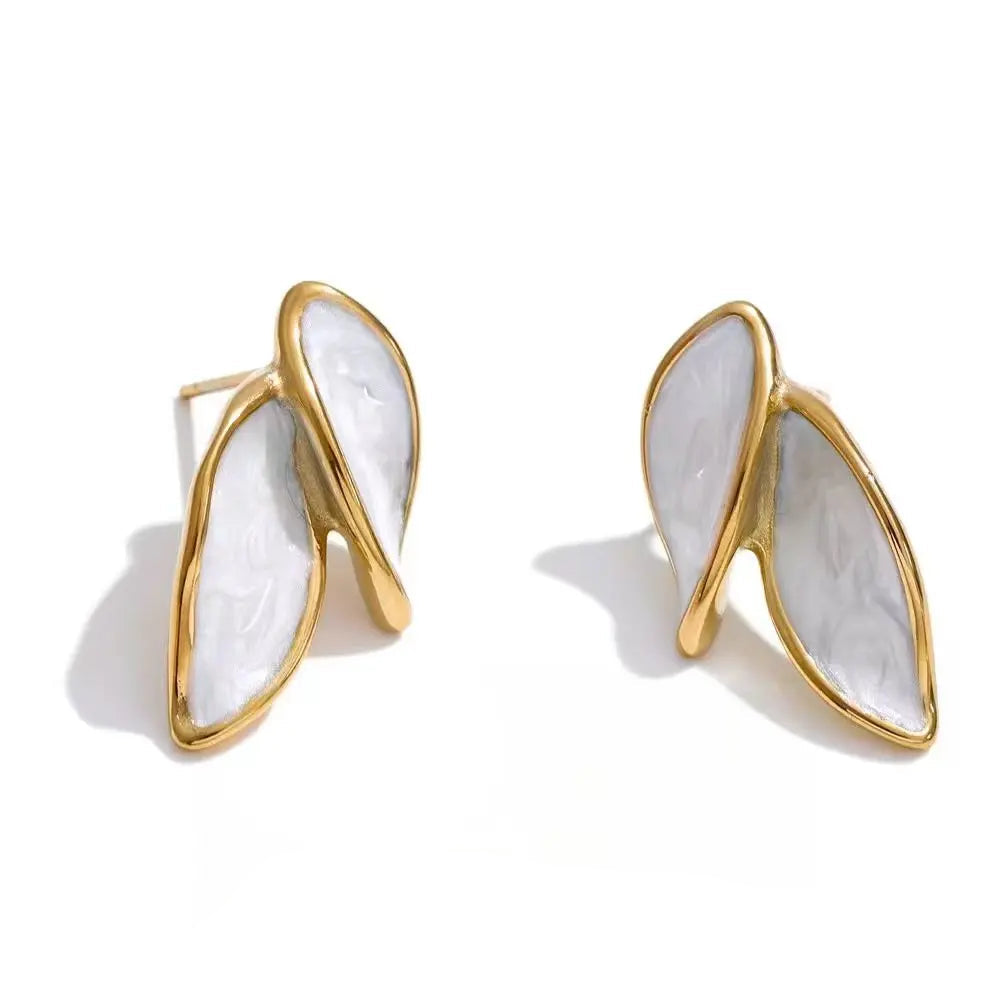 Enamel leaf stud earrings gold plated stainless steel for women