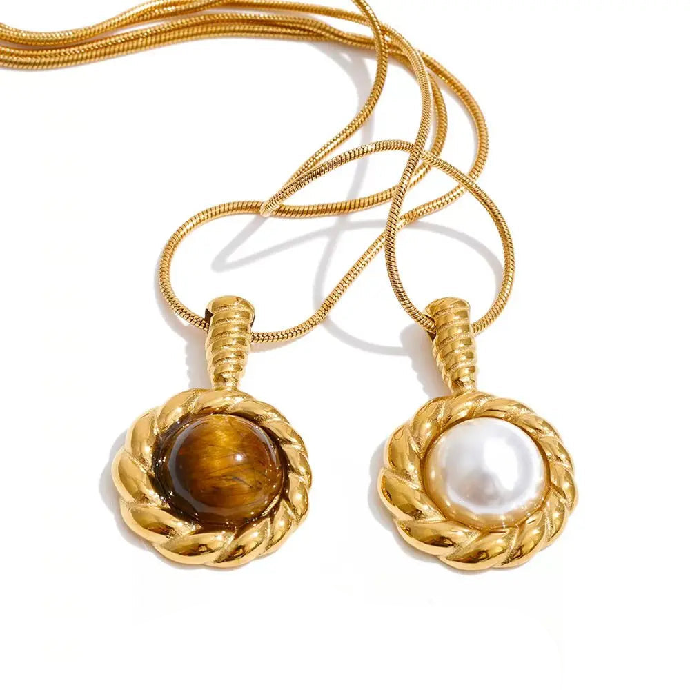 Tiger eye stone and pearl round pendant necklace with gold plated shine