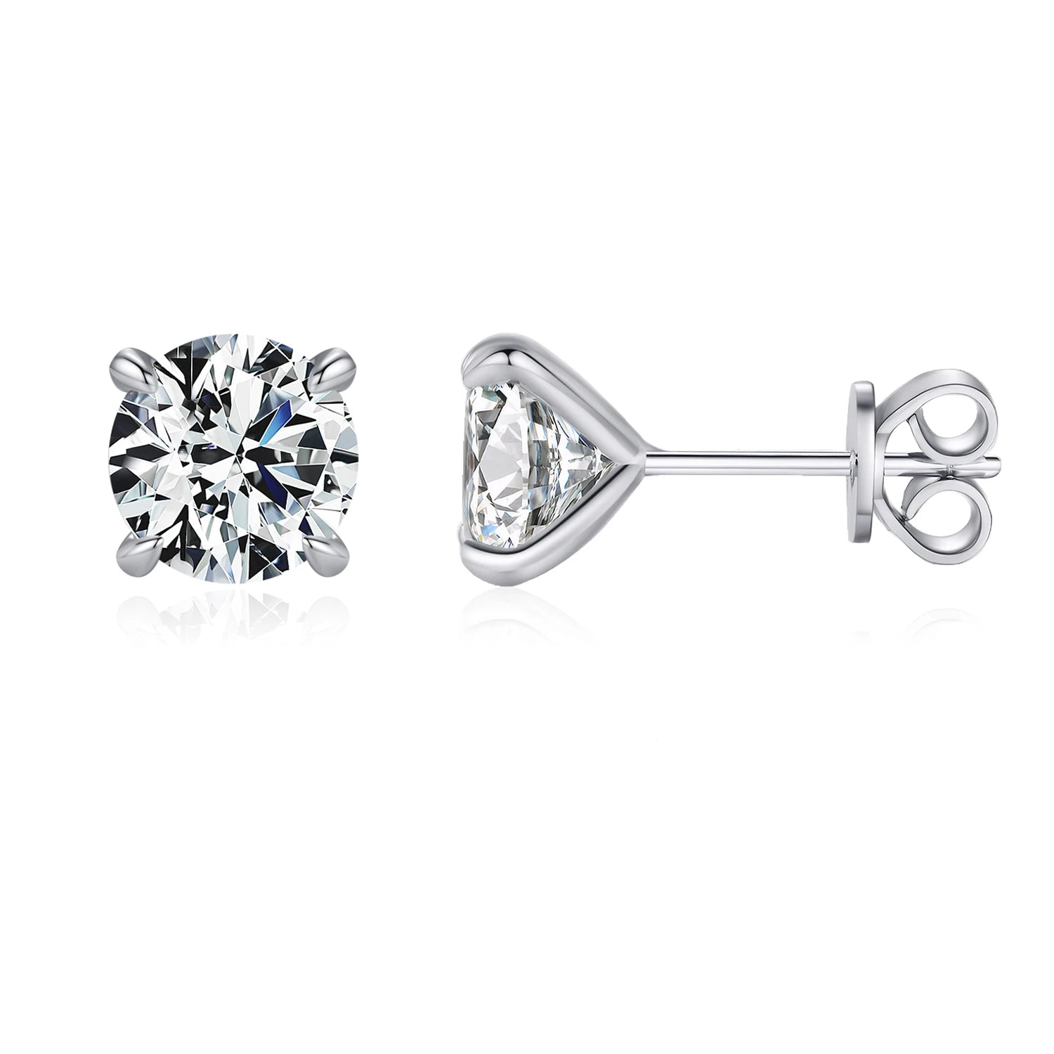 Moissanite earrings shown as sterling silver earrings with bright sparkle
