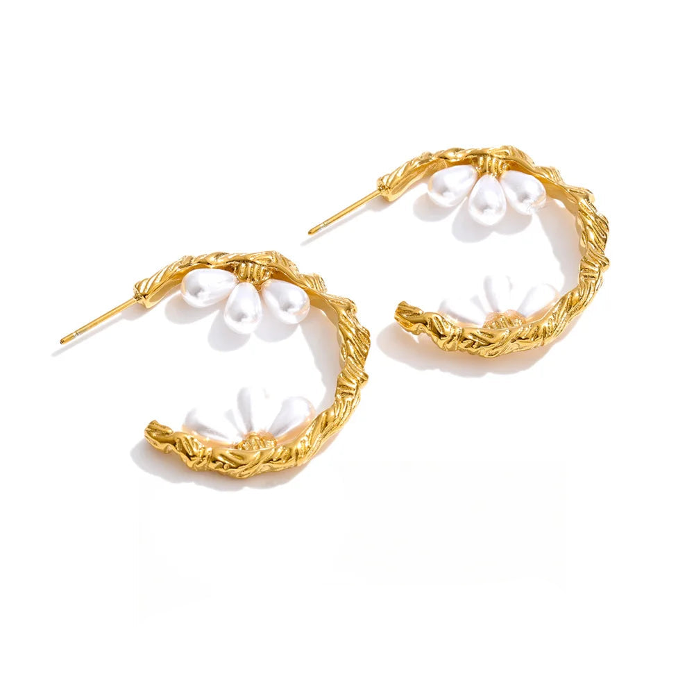 Stainless steel imitation pearl C shape hoop earrings gold plated for women