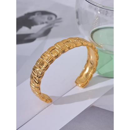 Gold Textured Open Cuff Bracelet in Stainless Steel