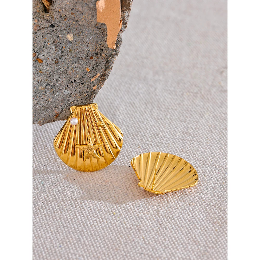 Gold Starfish & Shell Stud Earrings