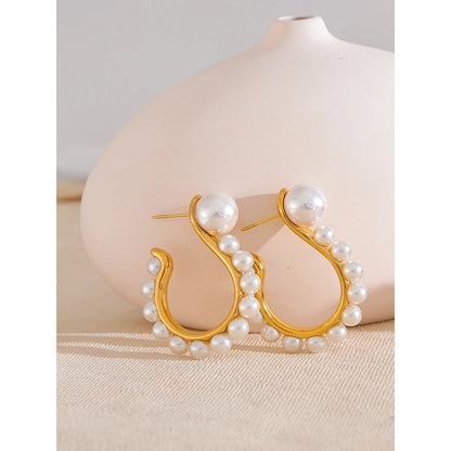 Elegant Imitation Pearl Huggie Earrings in Gold