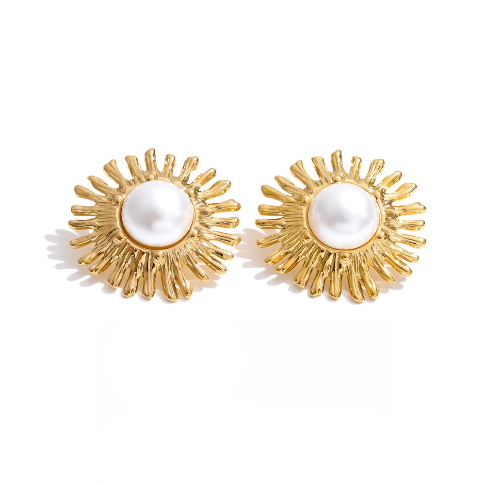 Vintage pearl flower stud earrings gold plated stainless steel for women